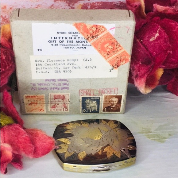 Vintage MCM Etched Made in Japan Floral Metal Compact